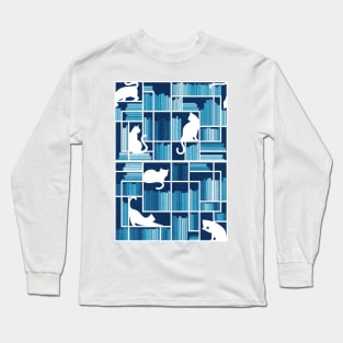 Rainbow bookshelf // monochromatic blue white shelf and library cats Long Sleeve T-Shirt